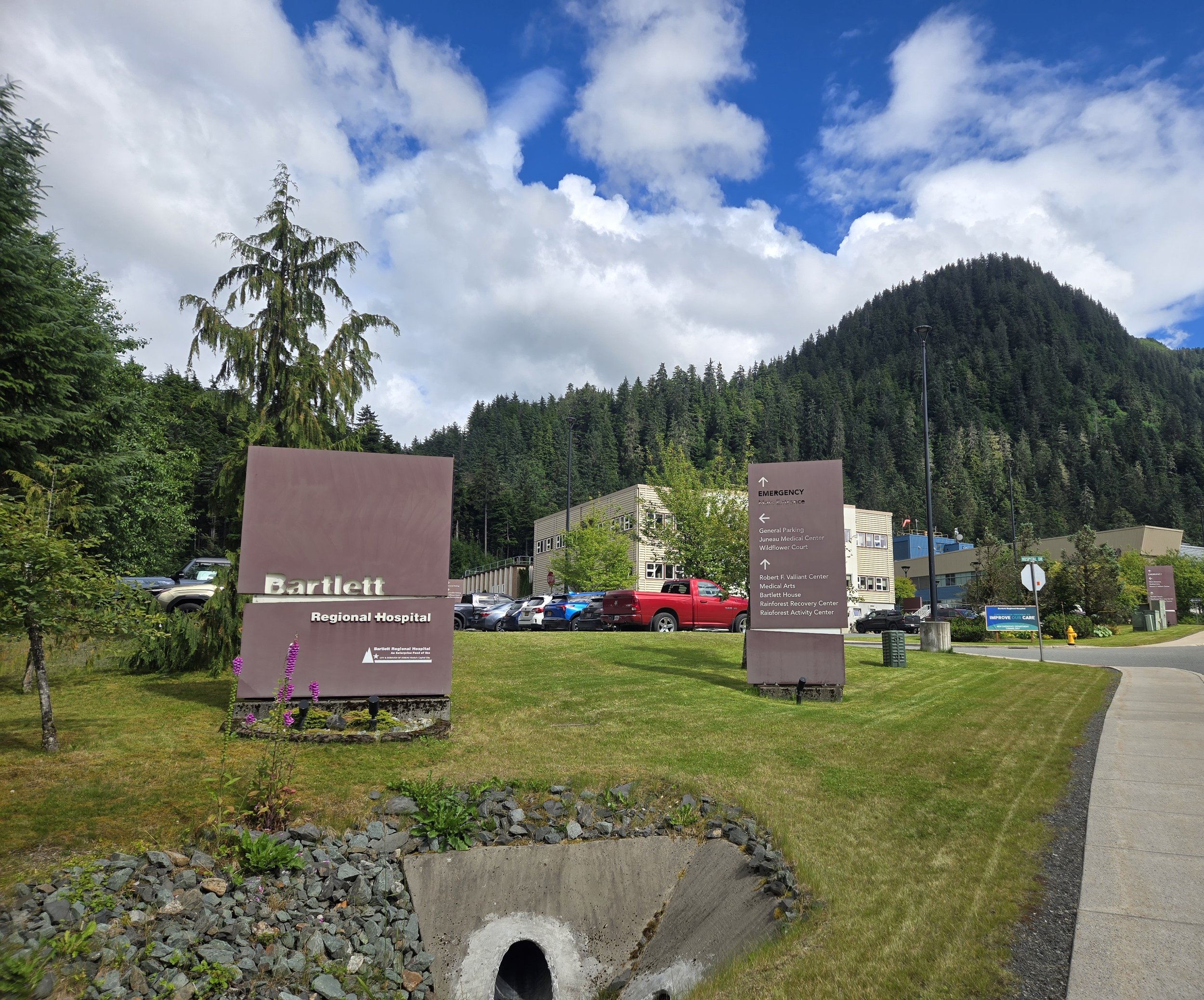 A scenic view of a hospital campus with signs indicating directions to emergency entrance, general parking, and other facilities, set against a backdrop of green trees, a forested mountain, and a partly cloudy blue sky.