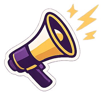 A cartoon-style megaphone with purple and yellow colors, emitting sound waves.