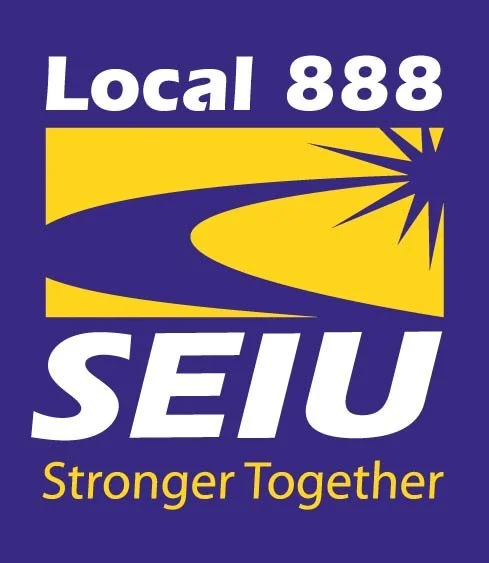 Logo for Local 888 SEIU with a yellow and purple design and the slogan 'Stronger Together'.