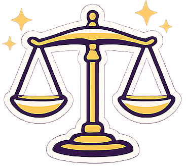 A cartoon illustration of a balanced scale with two pans, surrounded by sparkles.