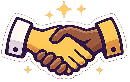 Illustration of a handshake between two hands, one light-skinned and one dark-skinned, with sparkling stars around them.