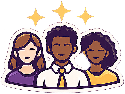 Three diverse cartoon characters smiling with star icons above them.