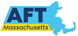 Logo of AFT Massachusetts with a map of Massachusetts in blue and yellow text.