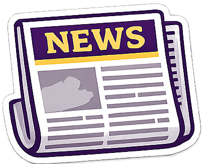 A cartoon illustration of a newspaper with the headline 'NEWS' in large yellow letters on a purple background, featuring a gray image and lines representing text.