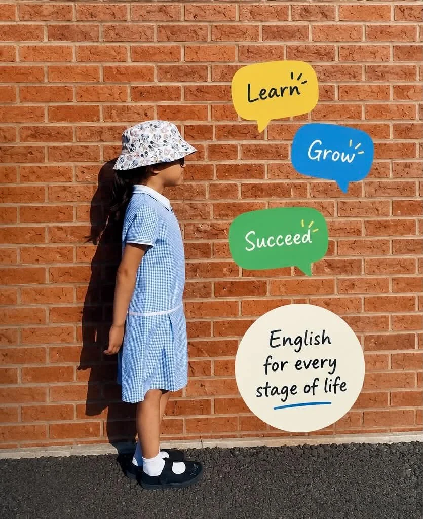 A girl in a blue school uniform, wearing a hat and glasses, stands in profile against a brick wall with colorful speech bubble signs that read 'Learn,' 'Grow,' 'Succeed,' and 'English for every stage of life.'