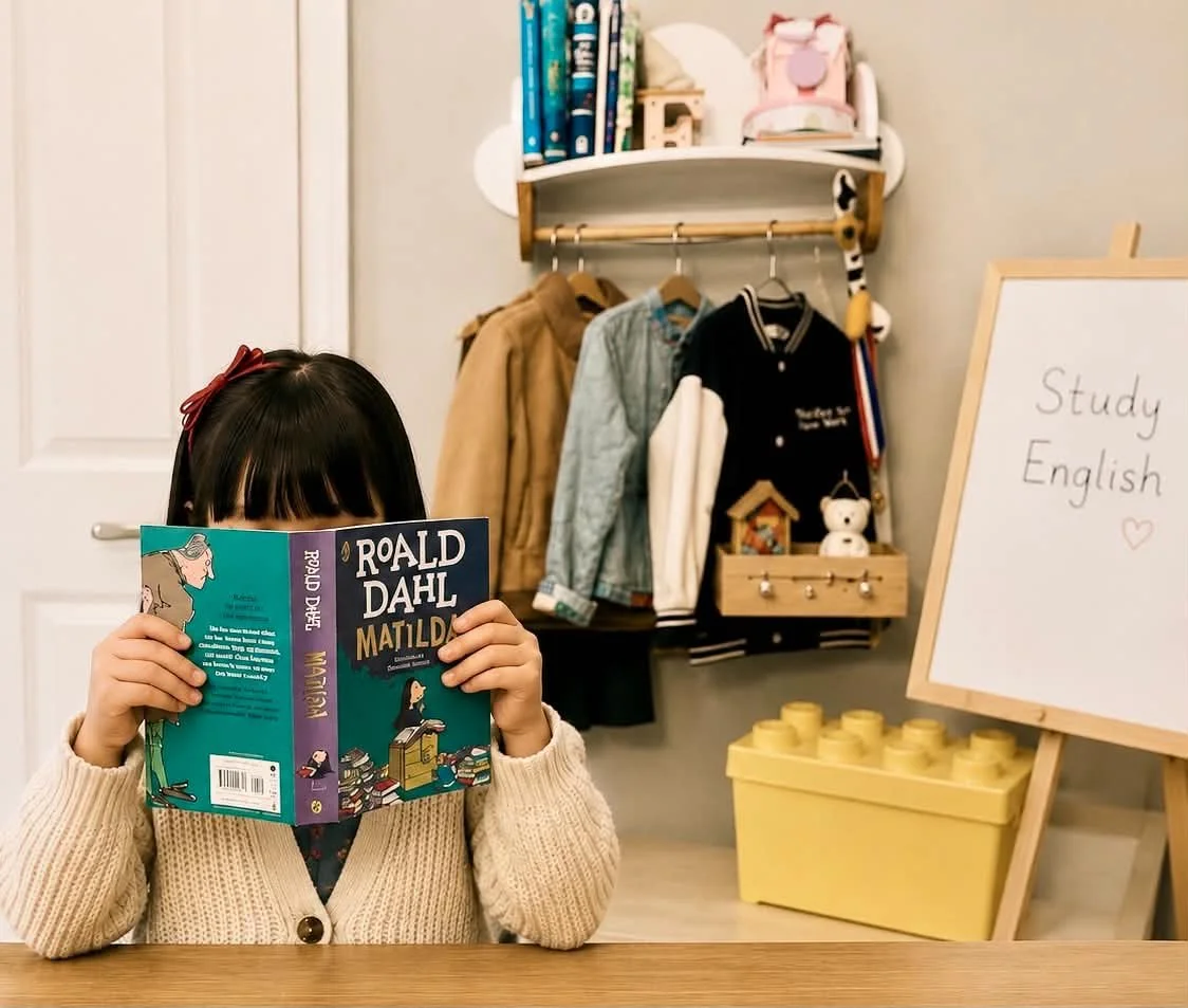 A young girl with black hair, wearing a beige sweater and a red bow, sits at a desk reading a book titled 'Matilda' by Roald Dahl. There is a whiteboard on her right with 'Study English' written on it. Behind her, clothes hang on a rack, including a tan coat, a denim jacket, and a black and white varsity jacket. There are books on a shelf above the rack, and a yellow storage bin below a wooden easel.