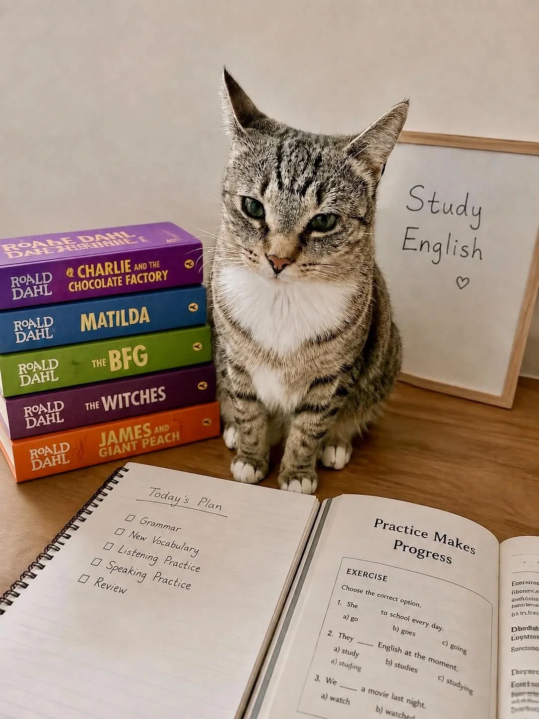 A tabby cat sitting on a desk next to a stack of books, a whiteboard with 'Study English' written on it, and an open workbook with a list of study tasks and exercises.