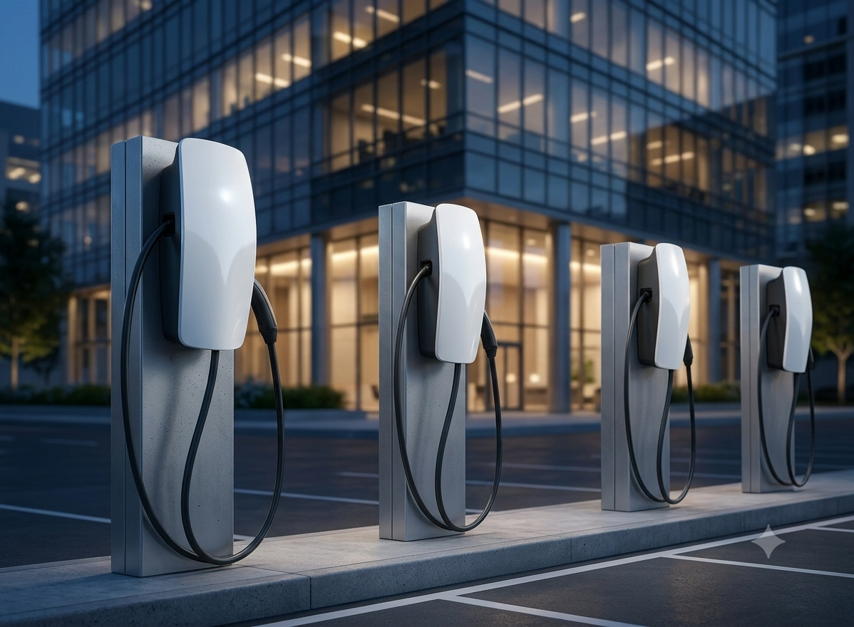 Four electric vehicle charging stations outside a modern office building at dusk