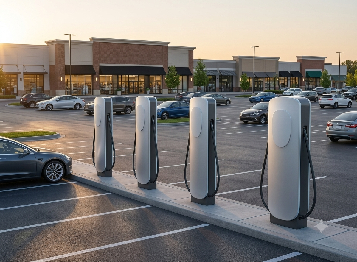 Electric vehicle charging stations in a parking lot outside a shopping center at sunset.