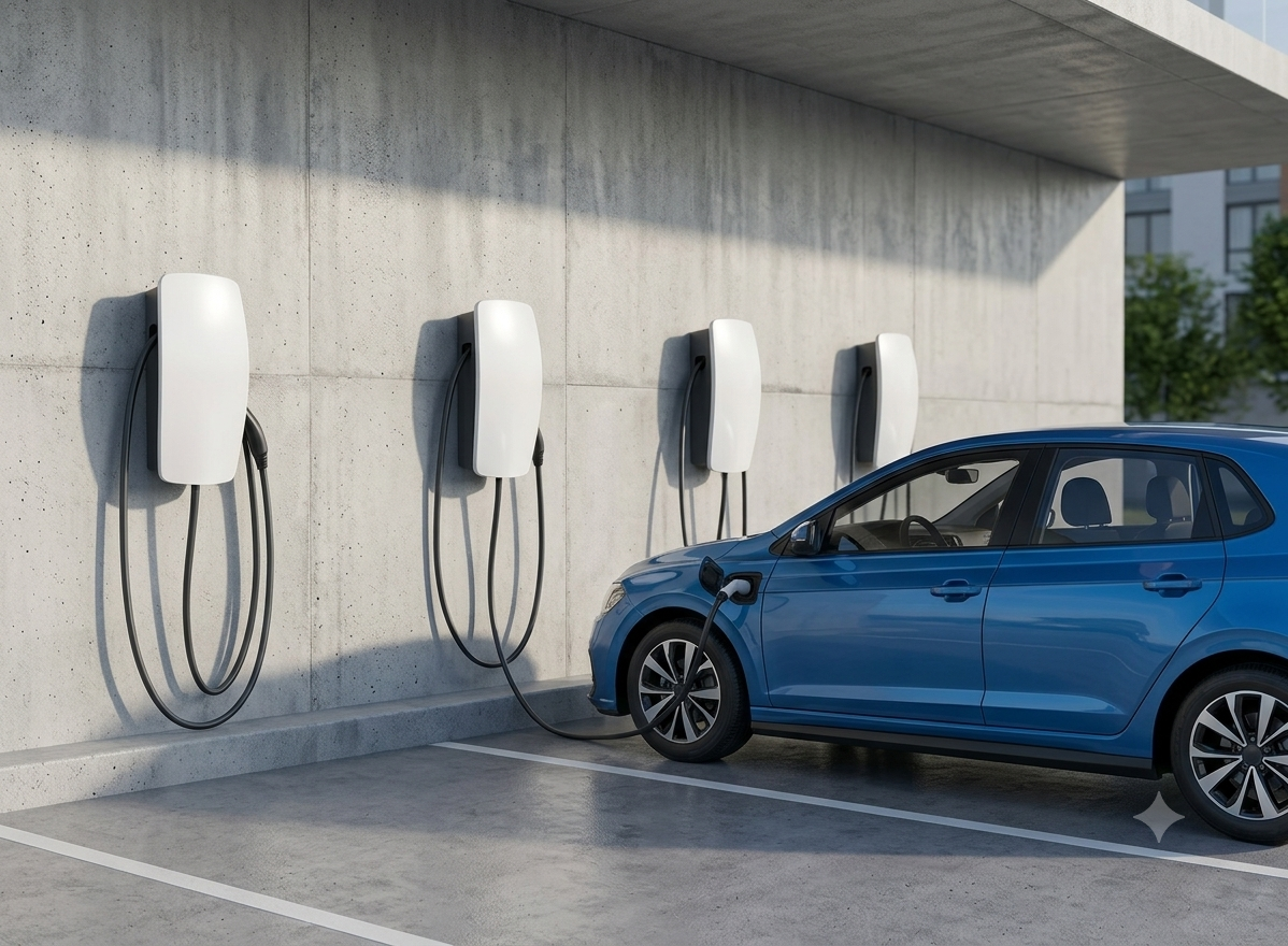 A blue electric car connected to a charging station at an outdoor parking lot with four white charging units mounted on a concrete wall.