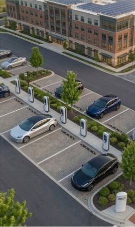 Electric vehicle charging station with multiple parked cars and charging units, located in an urban parking lot near a modern brick building.