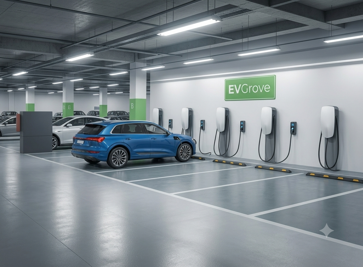 Electric vehicle charging station in an underground parking garage with a blue SUV plugged into an EV charger. Several other cars are parked in designated spots.