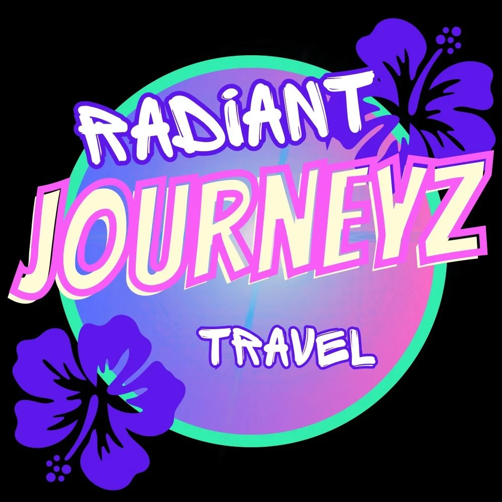 Colorful graphic featuring the words 'Radiant Journeyz' and 'Travel' with hibiscus flowers on a black background.