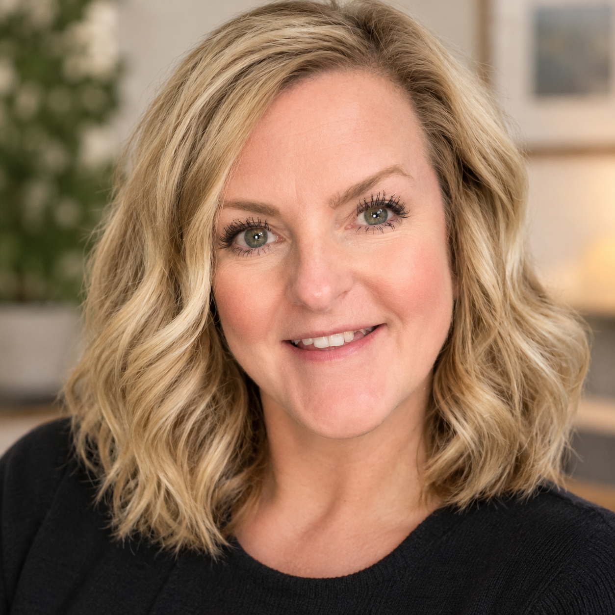 Close-up portrait of an Anxiety Therapist with blonde wavy hair, blue eyes, wearing a black top, smiling in an indoor setting with blurred background.
