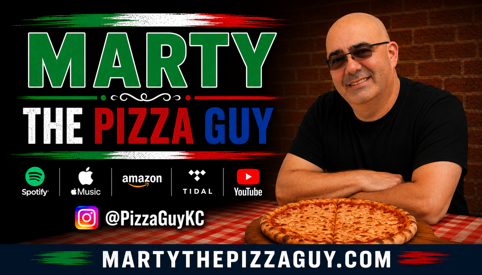 Marty the Pizza Guy promoting his social media @PizzaGuyKC, Pizza Music, Pizza Books, Pizza Blog