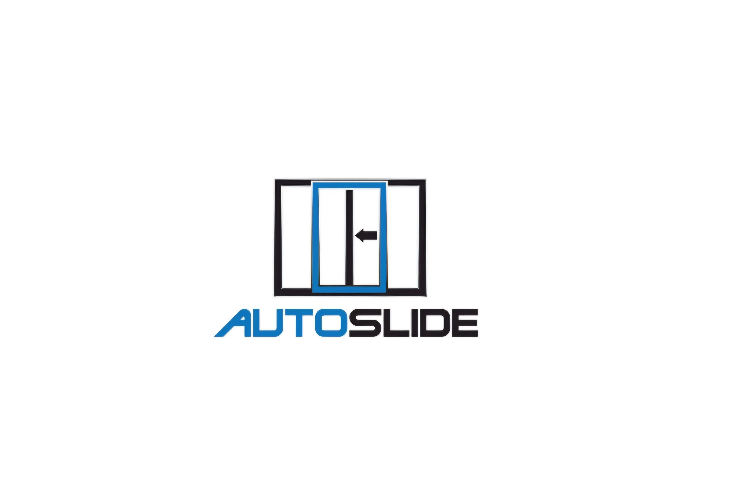 Logo of AutoSlide with a stylized door and arrow, featuring blue and black colors.
