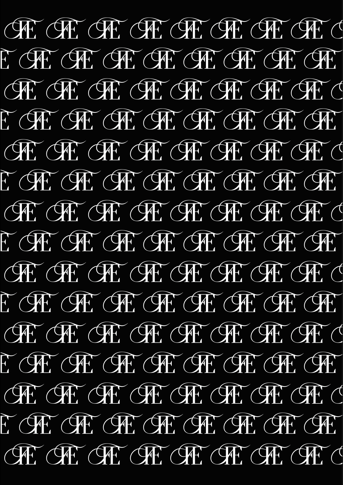Pattern of white 'FE' monogram logos on a black background.