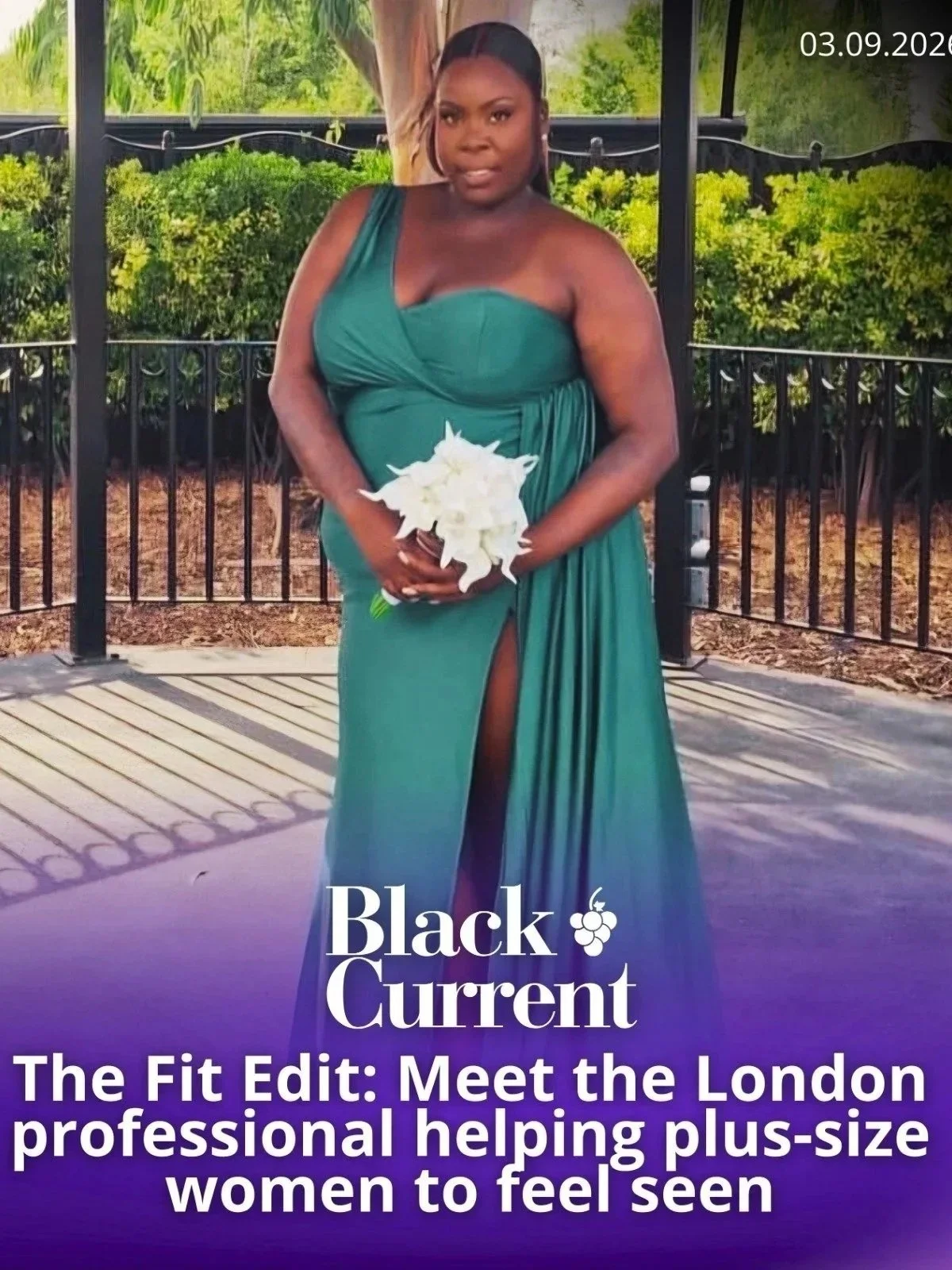 A plus-size woman in a teal evening gown holding a bouquet of white flowers, standing on a balcony with a garden background, during daytime. Text overlay at the bottom mentions Black Current and a feature about helping plus-size women feel seen.