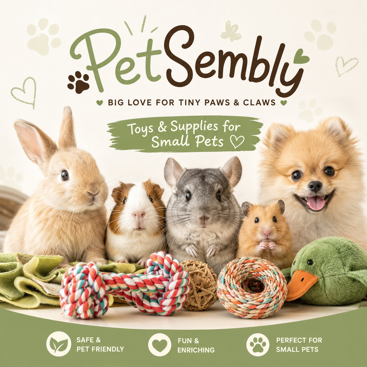 A collection of small pets including a rabbit, guinea pig, chinchilla, hamster, and dog, with toys and supplies, on a green surface with pet product icons at the bottom. The background features the text "PetSembly" and "Toys & Supplies for Small Pets".