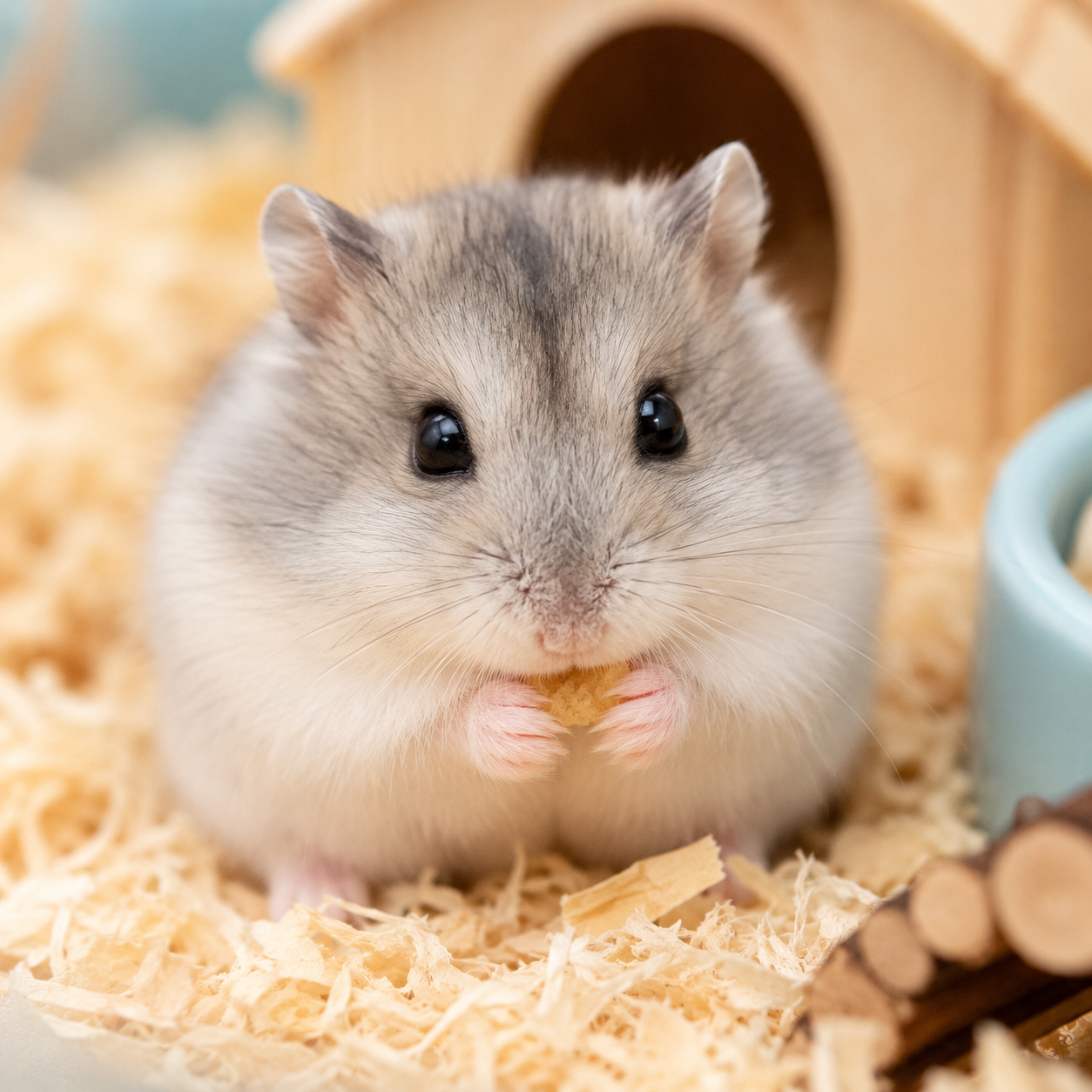 A close-up of a small, fluffy hamster with gray and white fur, holding its tiny paws close to its mouth, in front of a wooden hamster house on a bed of wood shavings.