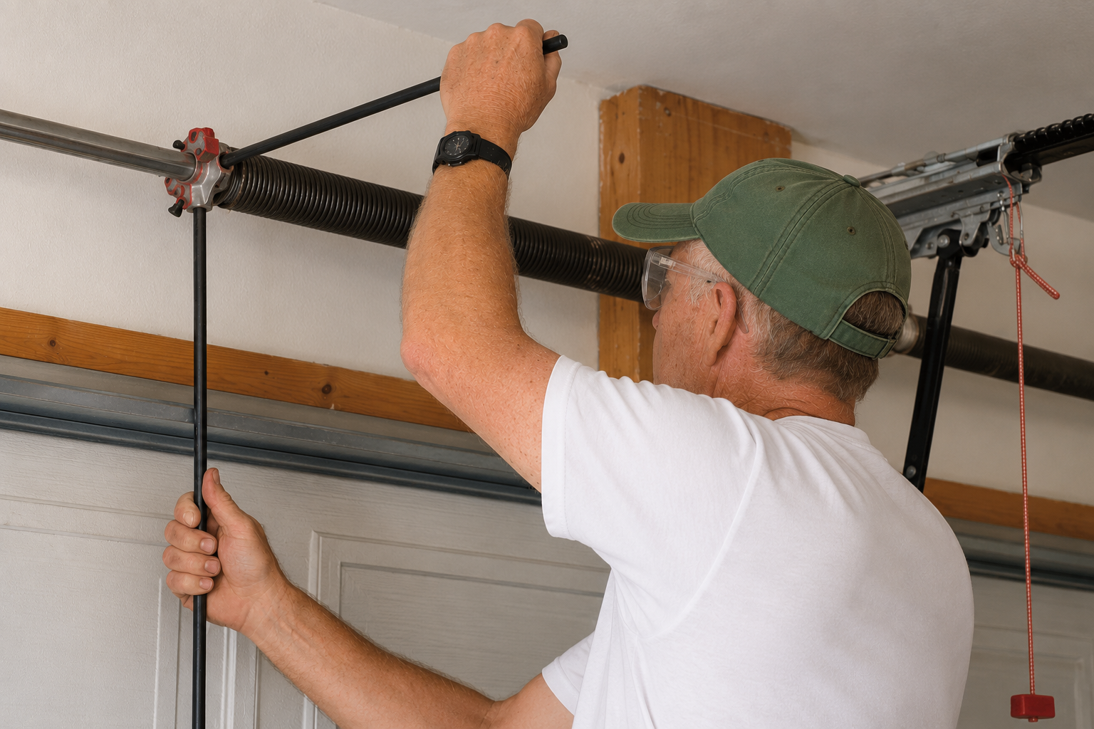 A man installing a garage door track, wearing a green cap, safety glasses, and a watch, using a tool on a black metal garage door rail mounted to the ceiling.