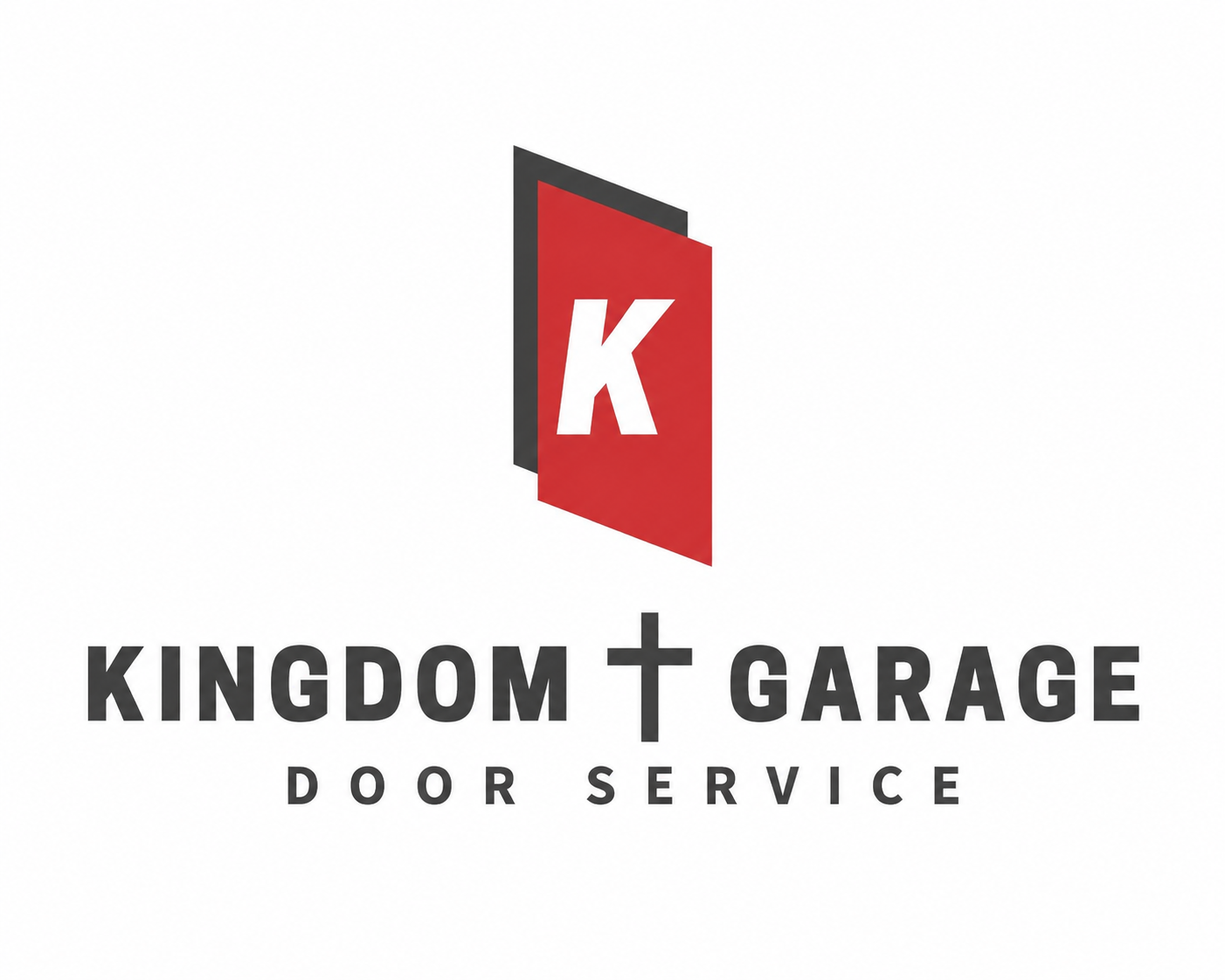 Logo for Kingdom Garage Door Service featuring a red and black open garage door with a white 'K' on it, and the text 'Kingdom Garage' with a cross replacing the 't' in 'Kingdom' and 'Door Service' underneath.
