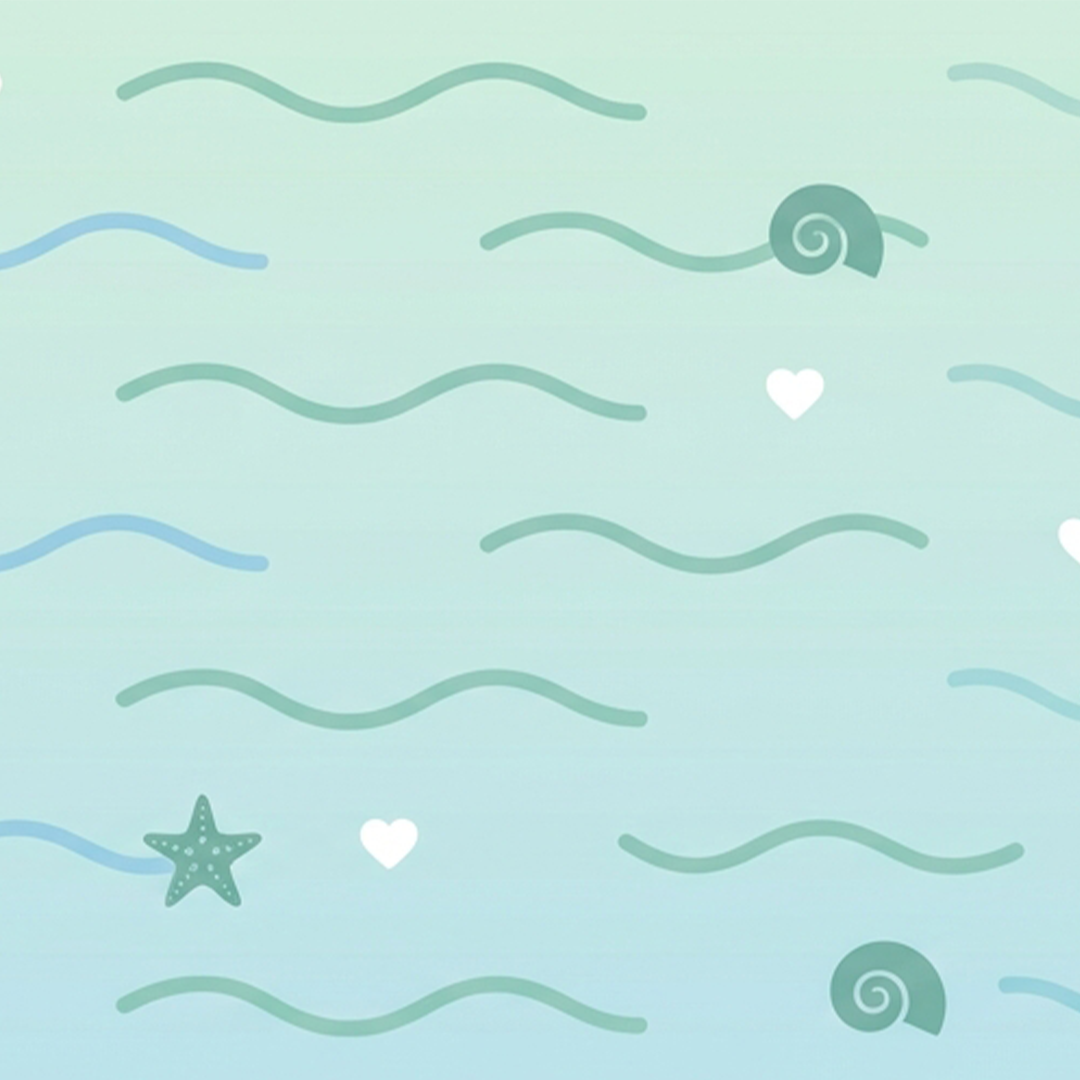A pastel-colored ocean-themed pattern with green and blue wavy lines, seashells, starfish, and small white hearts.