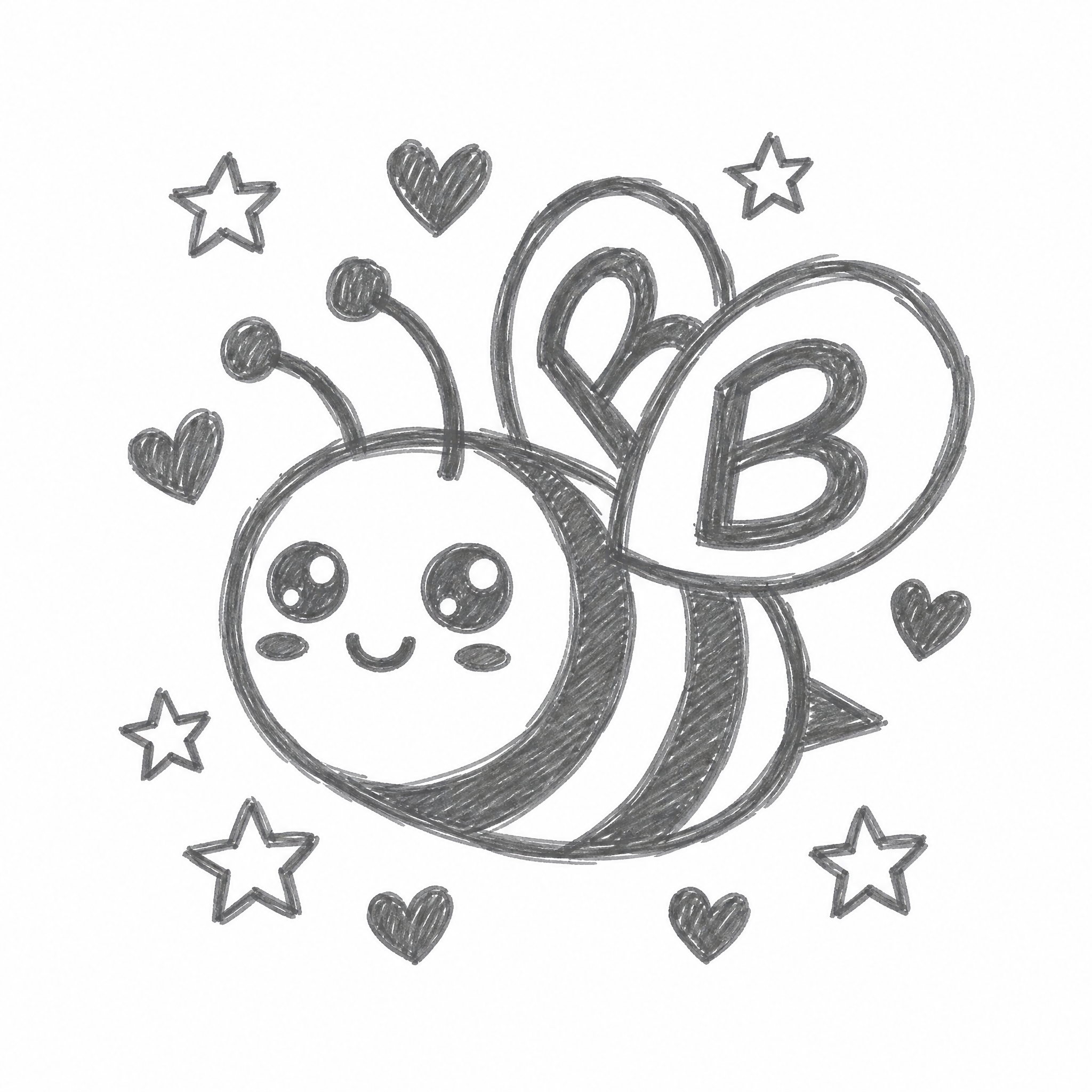 Black and white hand-drawn sketch featuring stars, hearts, and a rainbow.