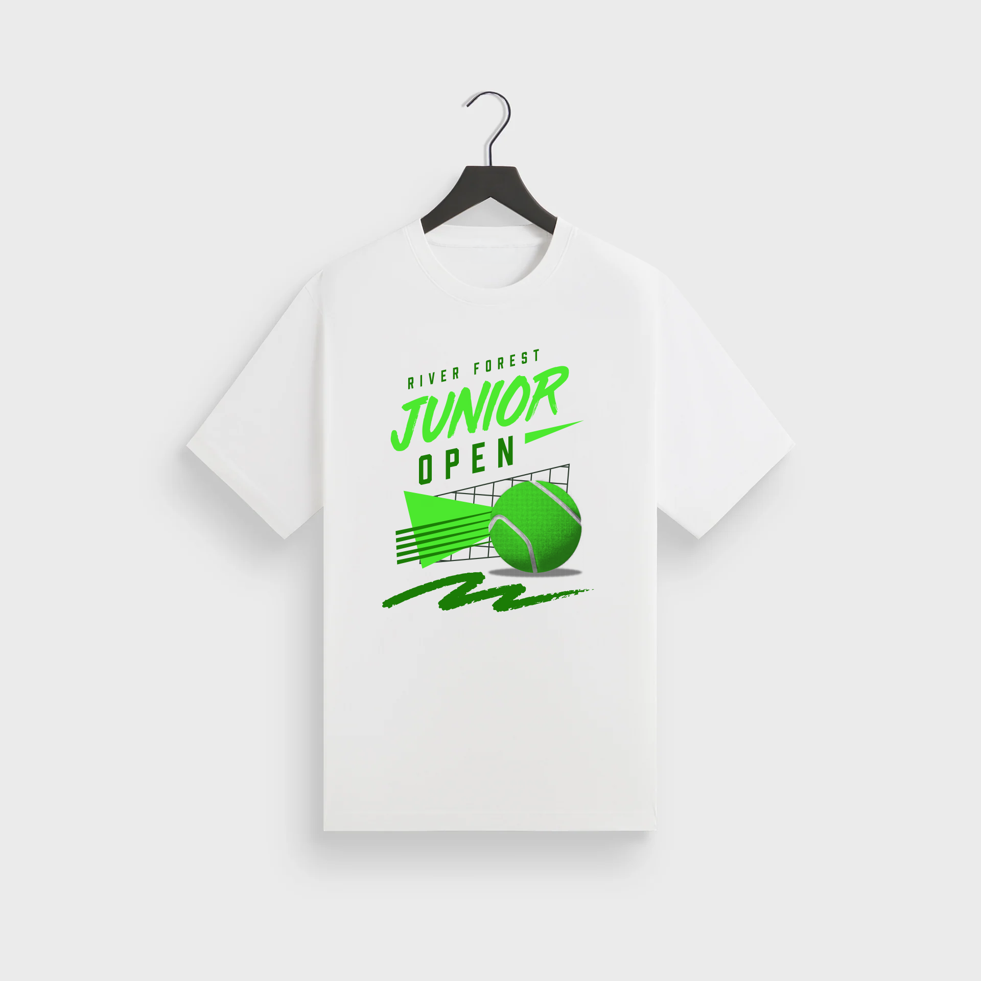 White T-shirt on black hanger with green text and graphics, read 'River Forest Junior Open' with tennis ball and net illustration.