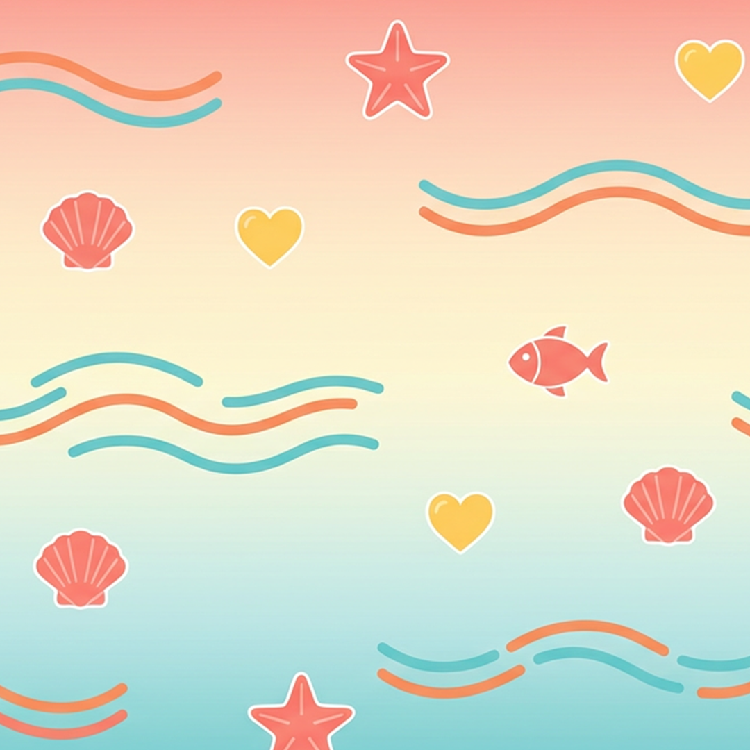 Beach-themed pattern with starfish, seashells, fish, and yellow hearts on a pastel gradient background.