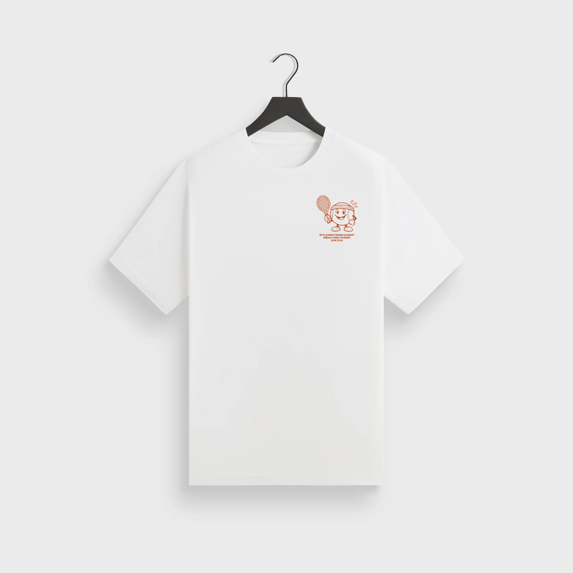 White T-shirt hanging on a black hanger with a red tennis logo and text.