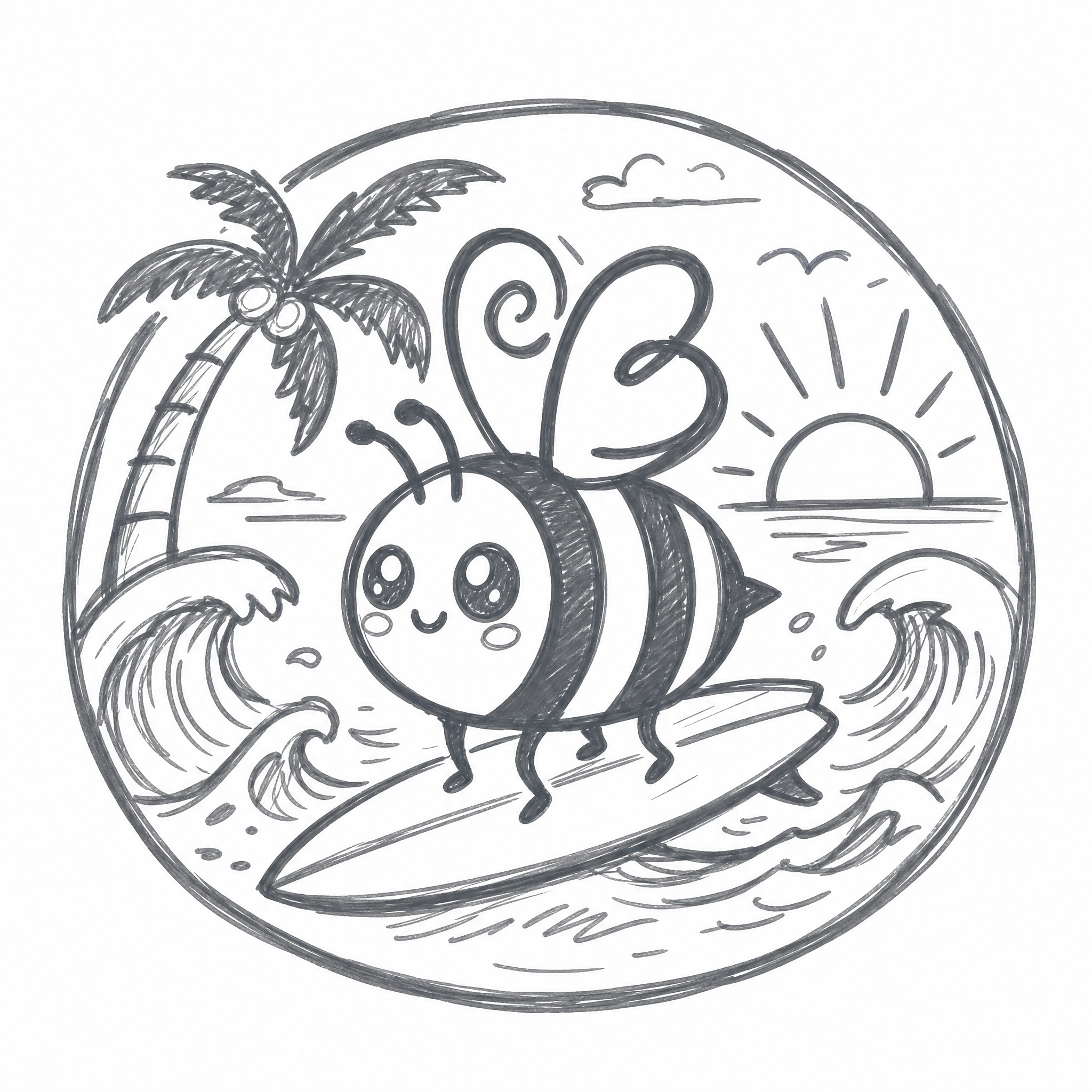 A hand-drawn sketch of a beach scene with palm trees, ocean waves, a sun, and clouds.