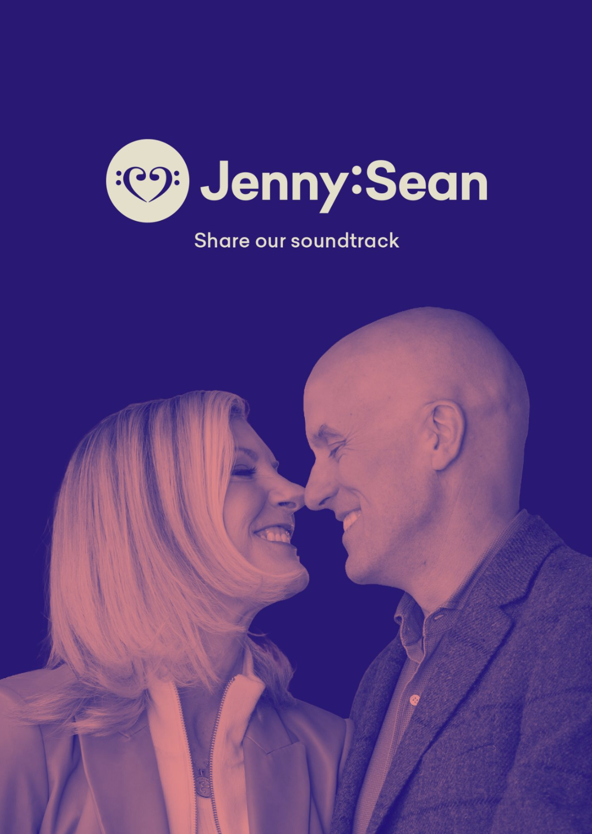 Album cover for Jenny:Sean featuring two smiling people with their foreheads touching, against a dark blue background. The woman has long, wavy pink hair, and the man has a bald head.