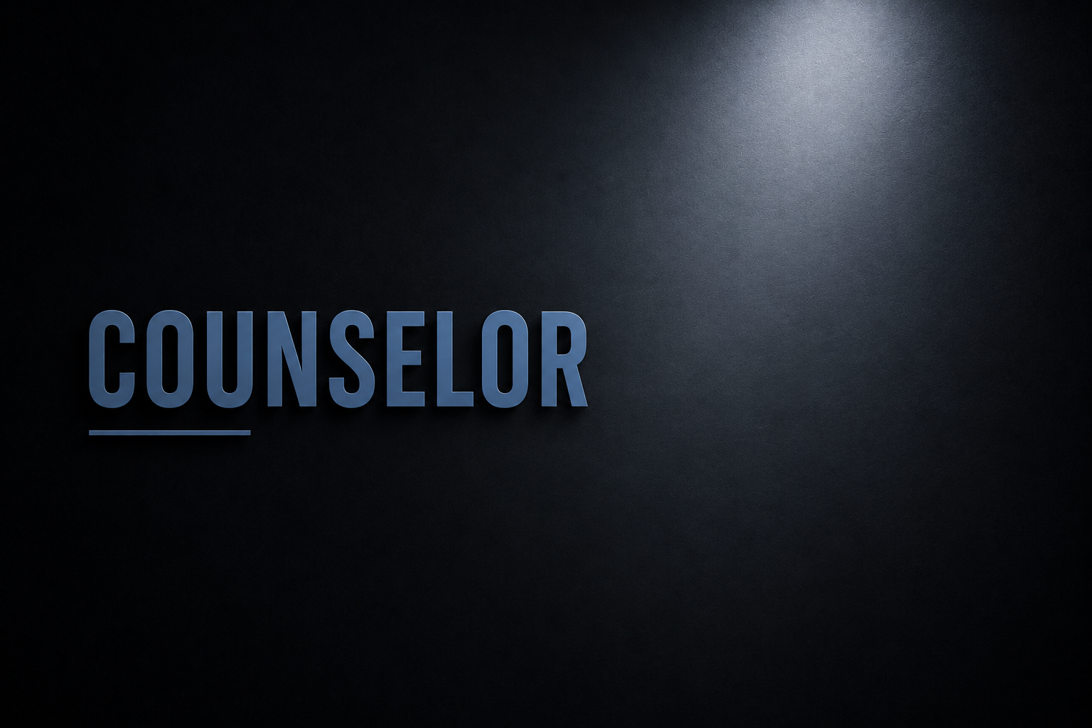 Dark background with the word "COUNSELOR" in blue uppercase letters and an underline.
