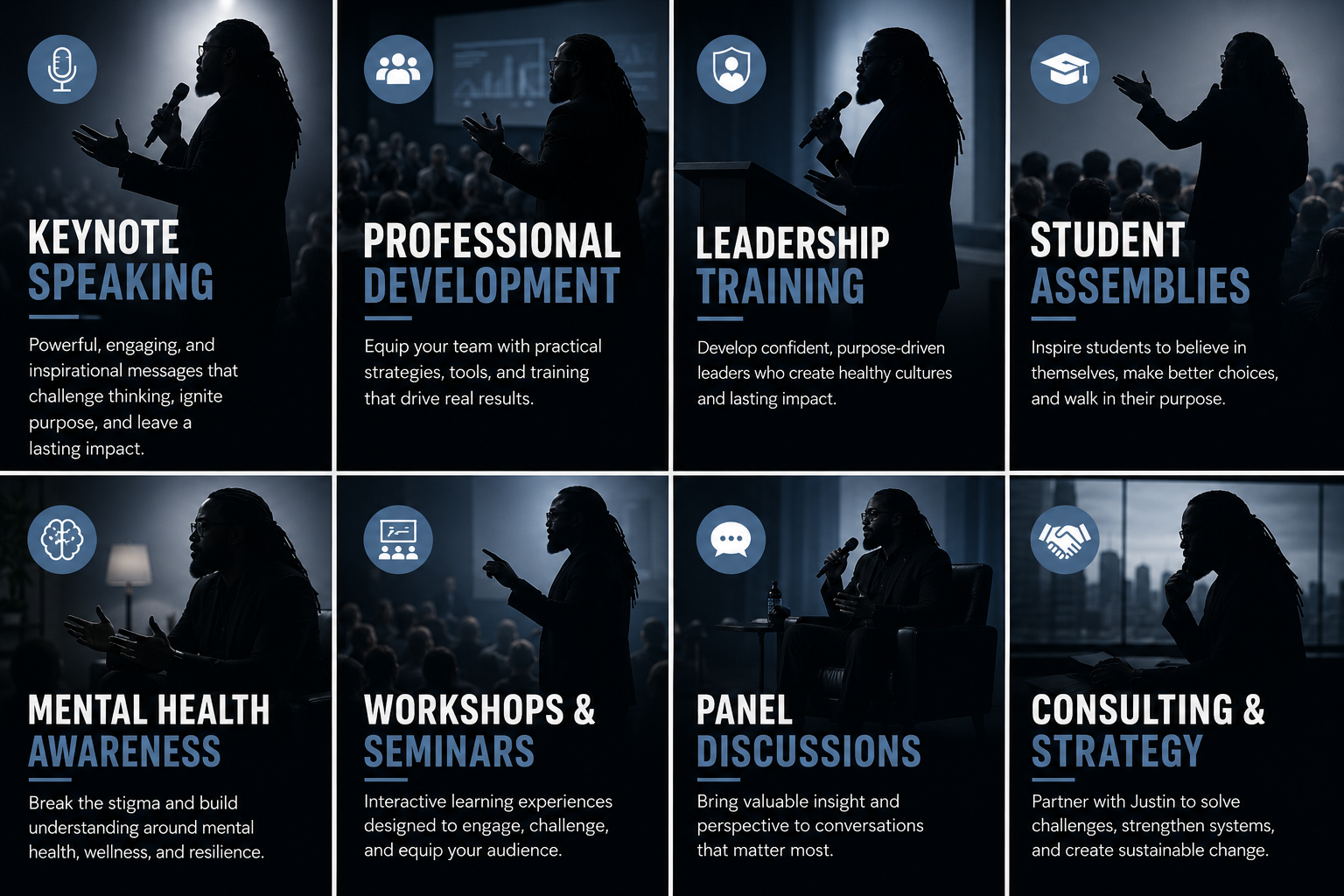 A grid of eight slides with silhouettes of a speaker giving a presentation, each slide promoting different professional development topics such as keynote speaking, professional development, leadership training, student assemblies, mental health awareness, workshops and seminars, panel discussions, and consulting and strategy. The slides feature icons, titles, and brief descriptions.