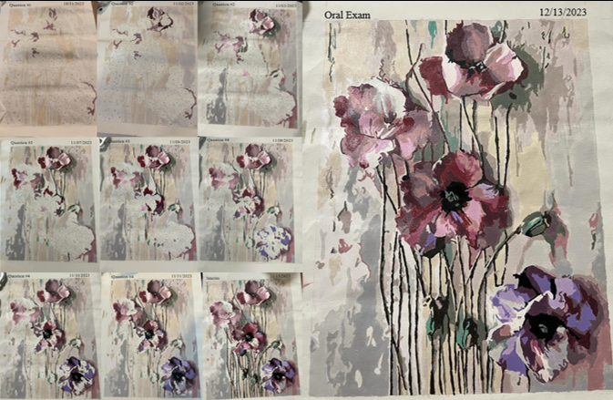 A paint-by-numbers case series leading to a complete piece of floral artwork, featuring pink and purple flowers.