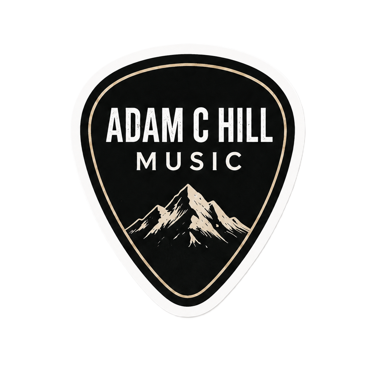Music logo sticker with mountain illustration and the text 'Adam C Hill Music' in white on a black background with a guitar pick shape.
