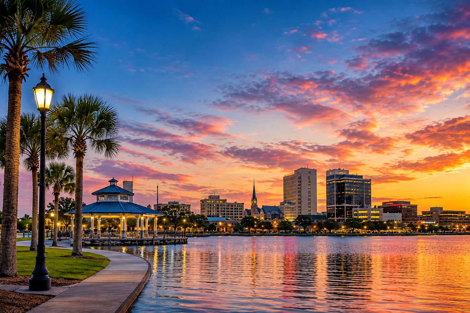 City skyline at sunset reflected in water, with palm trees, a gazebo, and urban buildings.