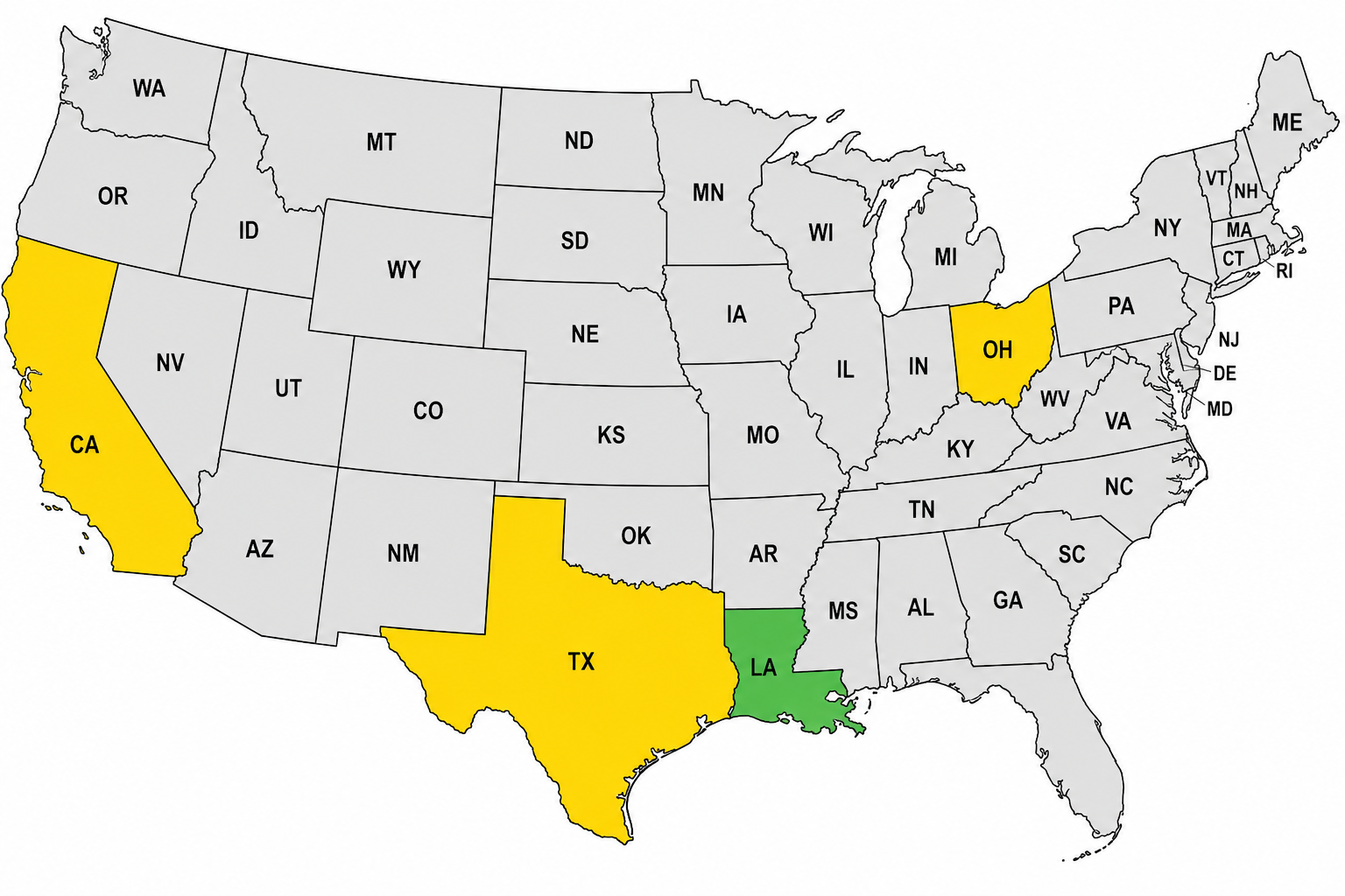 Map of the United States with several states highlighted in yellow and green. California, Texas, Ohio, and a state in the Midwest are yellow. Louisiana is green.