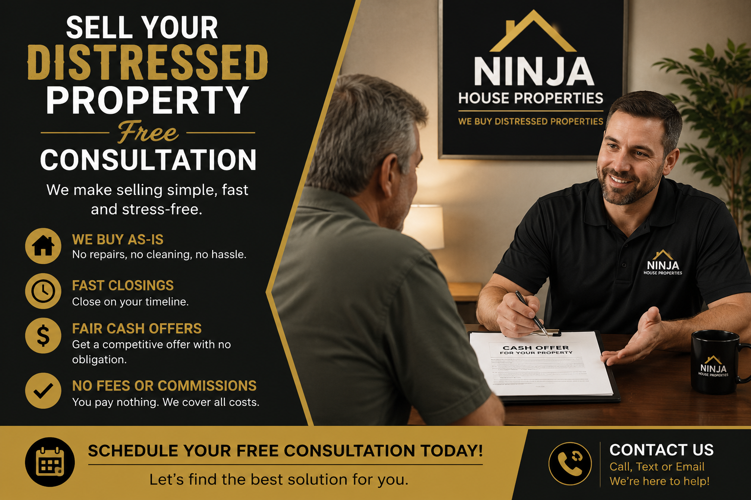 A promotional poster for Ninja House Properties offering to buy distressed properties and provide free consultation. The poster highlights features like buying as-is, fast closings, fair cash offers, and no fees or commissions. It encourages scheduling a free consultation and provides contact options via call, text, or email. The right side shows a man in a black Ninja House Properties shirt discussing with a client at a desk.