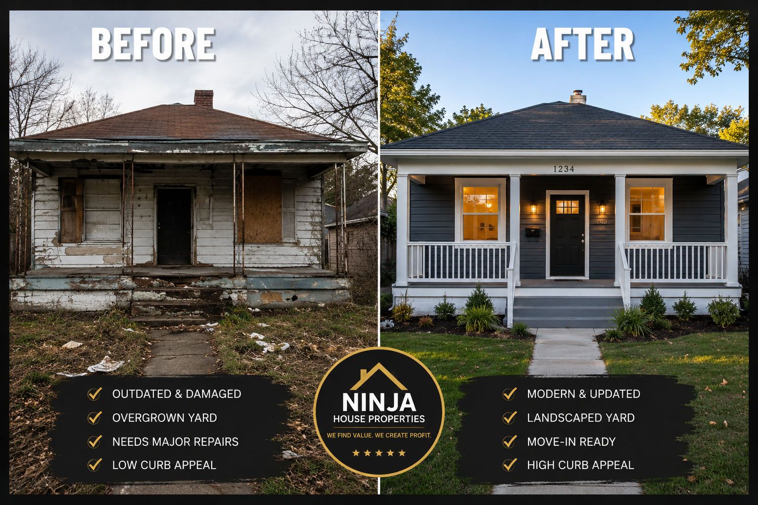 Comparison of a neglected, damaged house before renovation on the left, and a modern, updated house after renovation on the right, with promotional text for Ninja House Properties highlighting improvements.