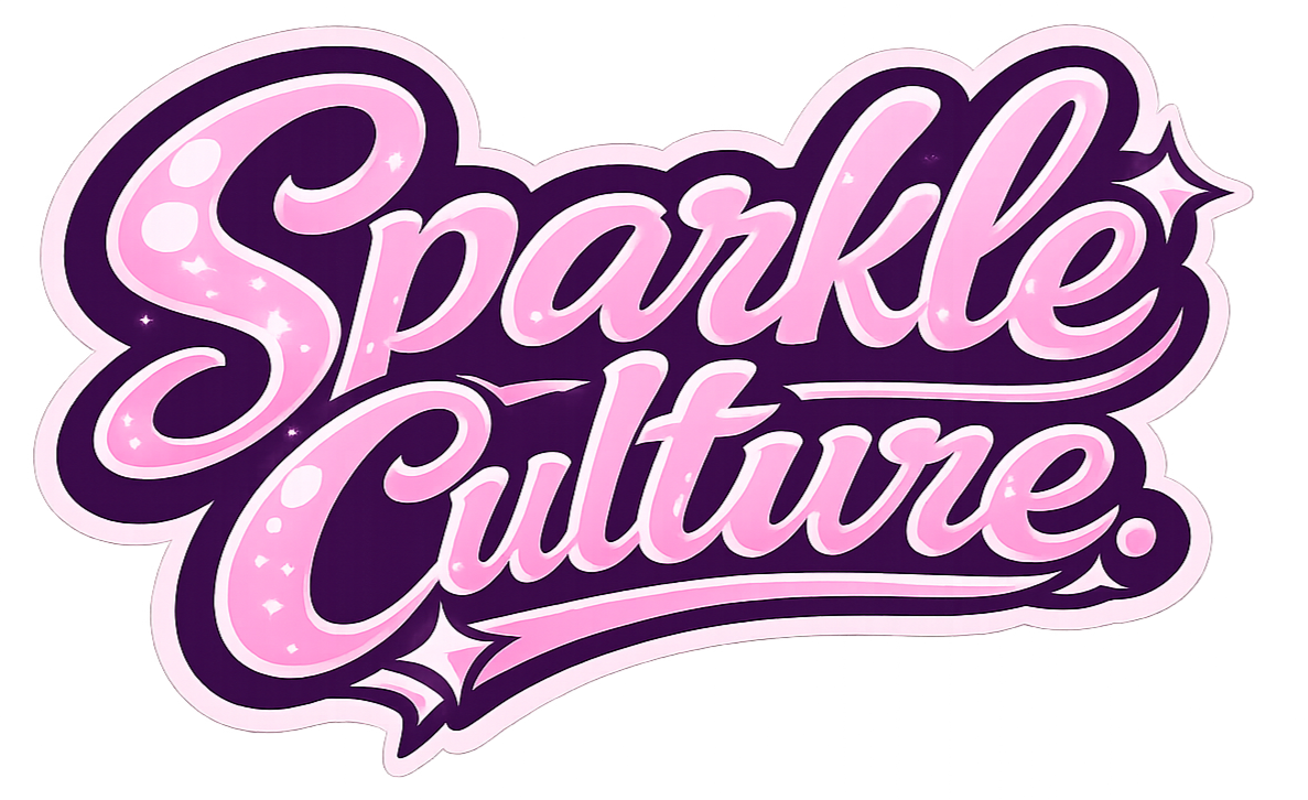 Decorative sign that says 'Sparkle Culture' in pink and purple lettering with sparkles and star accents.
