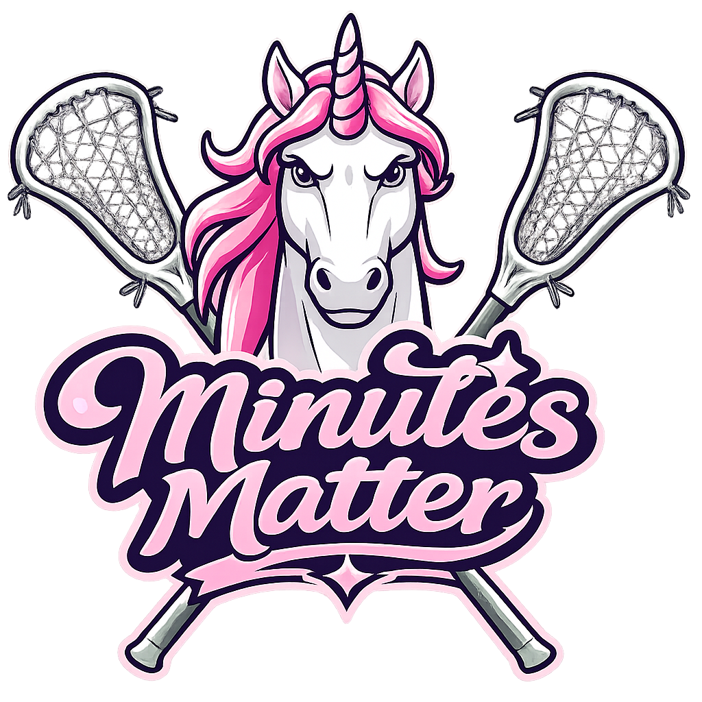 A cartoon unicorn with pink mane and a horn, holding two badminton rackets, with the text 'Minutes Matter' in pink and purple cursive font.