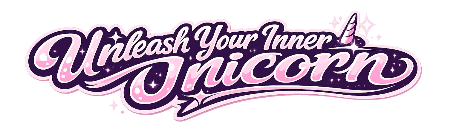 Pink and purple text reading 'Unleash Your Inner Unicorn' with sparkling stars and a unicorn horn graphic.