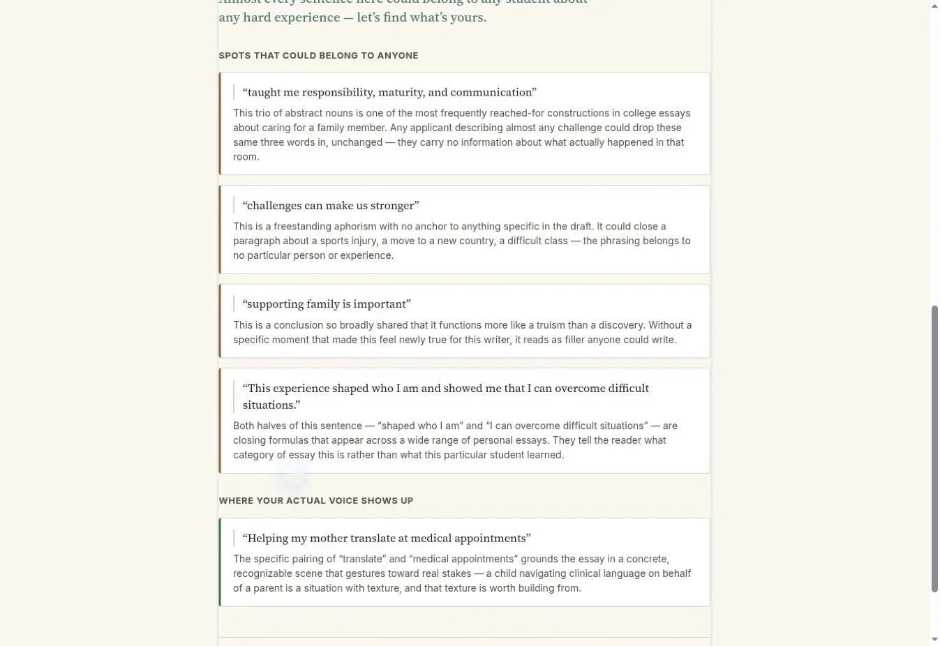 The tool's result, naming the specific lines that could belong to anyone's essay
