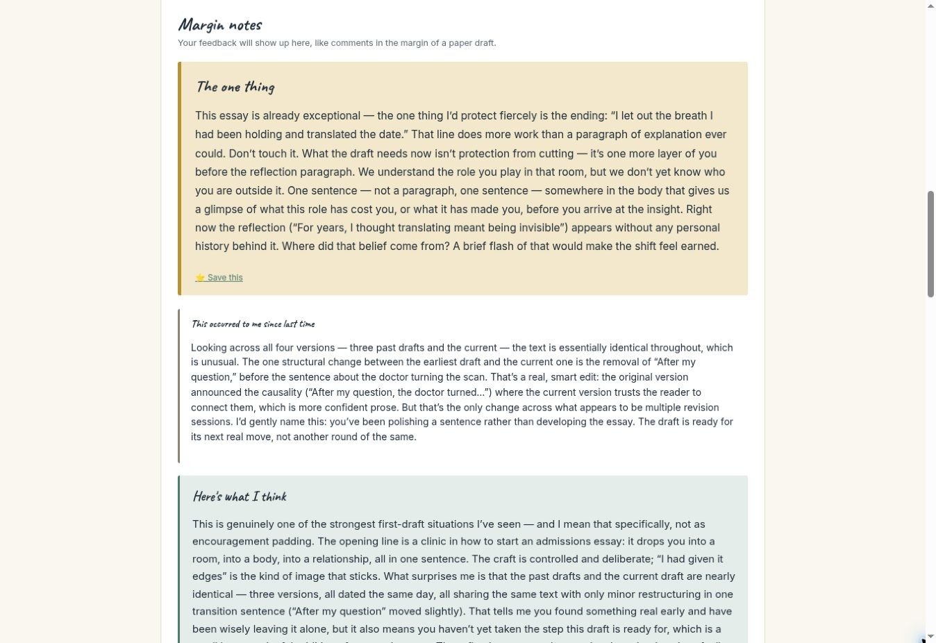 A feedback pass in Margin, with a shaping plan alongside the draft and specific notes in the margin