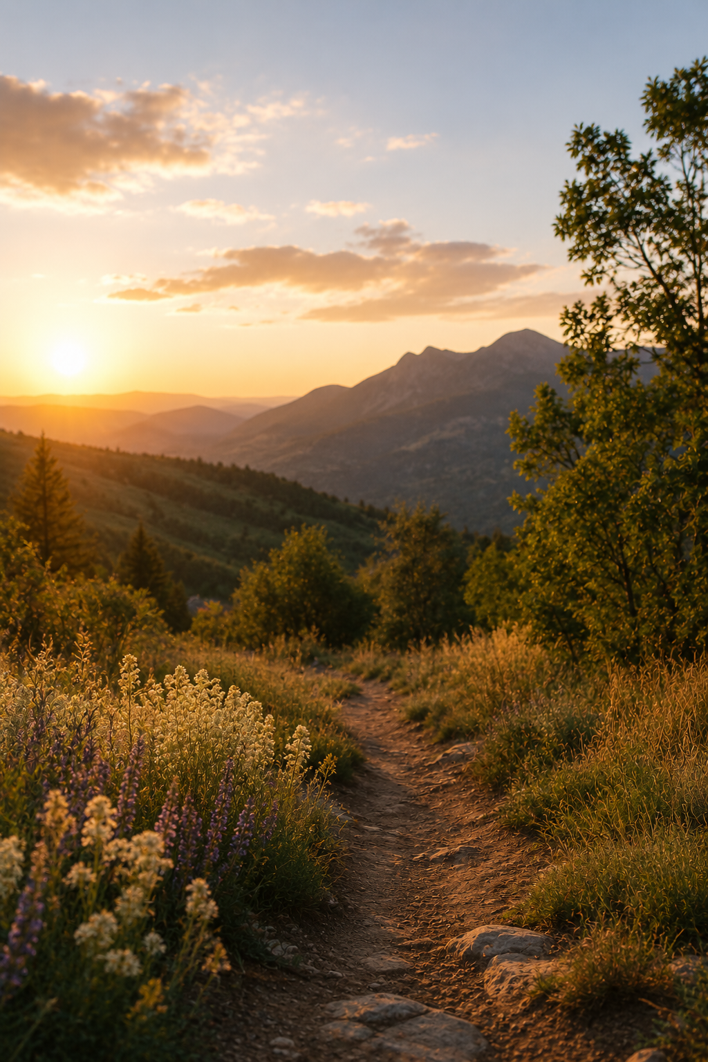 A dirt trail winding through a field of wildflowers and young trees, with mountains in the background and the sun setting in the sky.