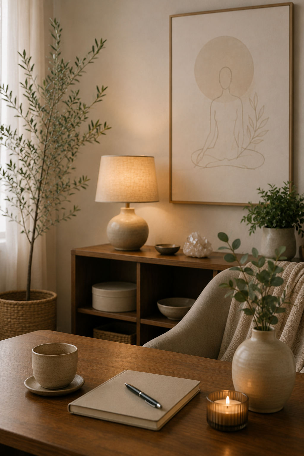 A cozy, well-decorated living space with a wooden table, beige armchair, framed artwork, and a wooden shelf with decorative items, plants, and a lamp, illuminated by natural and warm lighting.