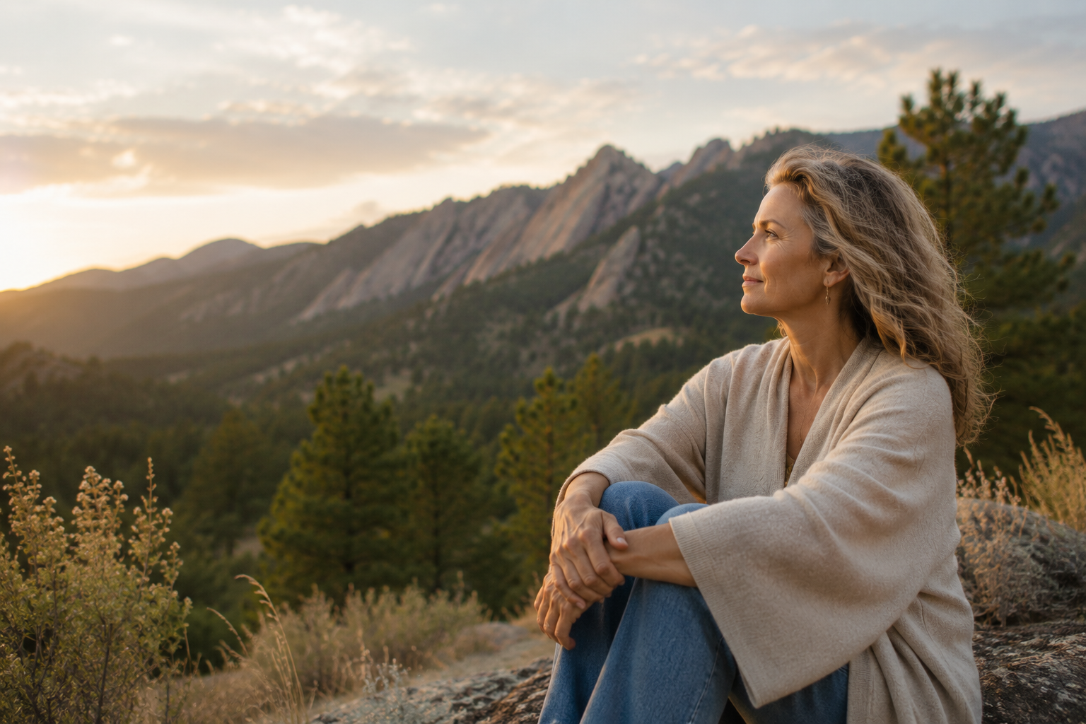 A woman with gray hair sitting outdoors on a rock, enjoying a sunset view of mountains and trees.