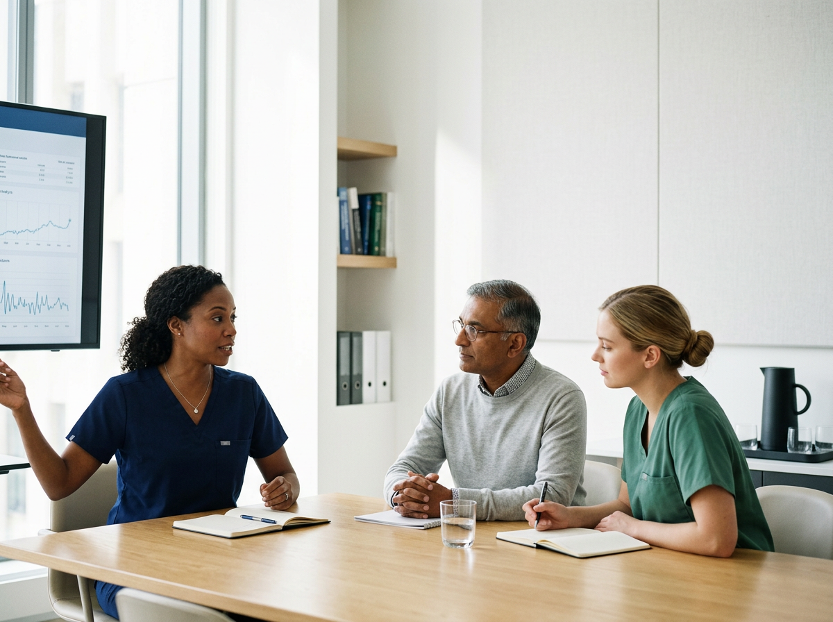 Medical professionals in a meeting, with one nurse or doctor presenting data on a screen to two colleagues taking notes.